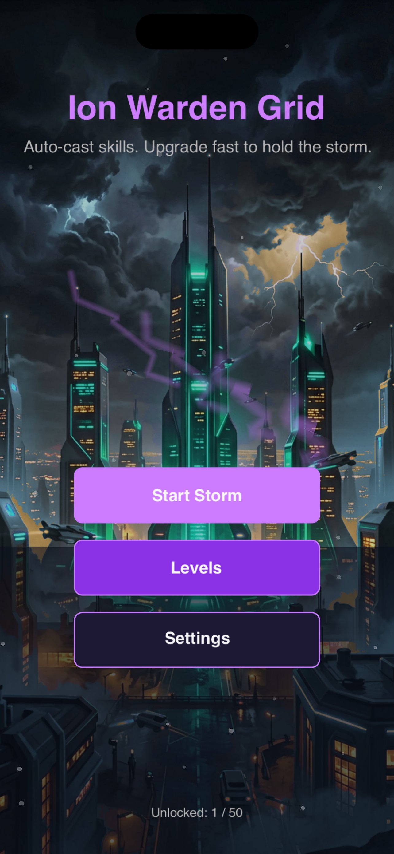Main menu of Ion Warden Grid